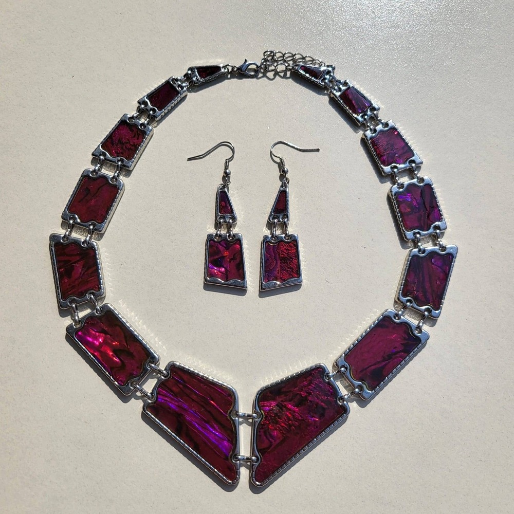 Vintage Statement Jewelry Set Magenta Geometric Iridescent Collar